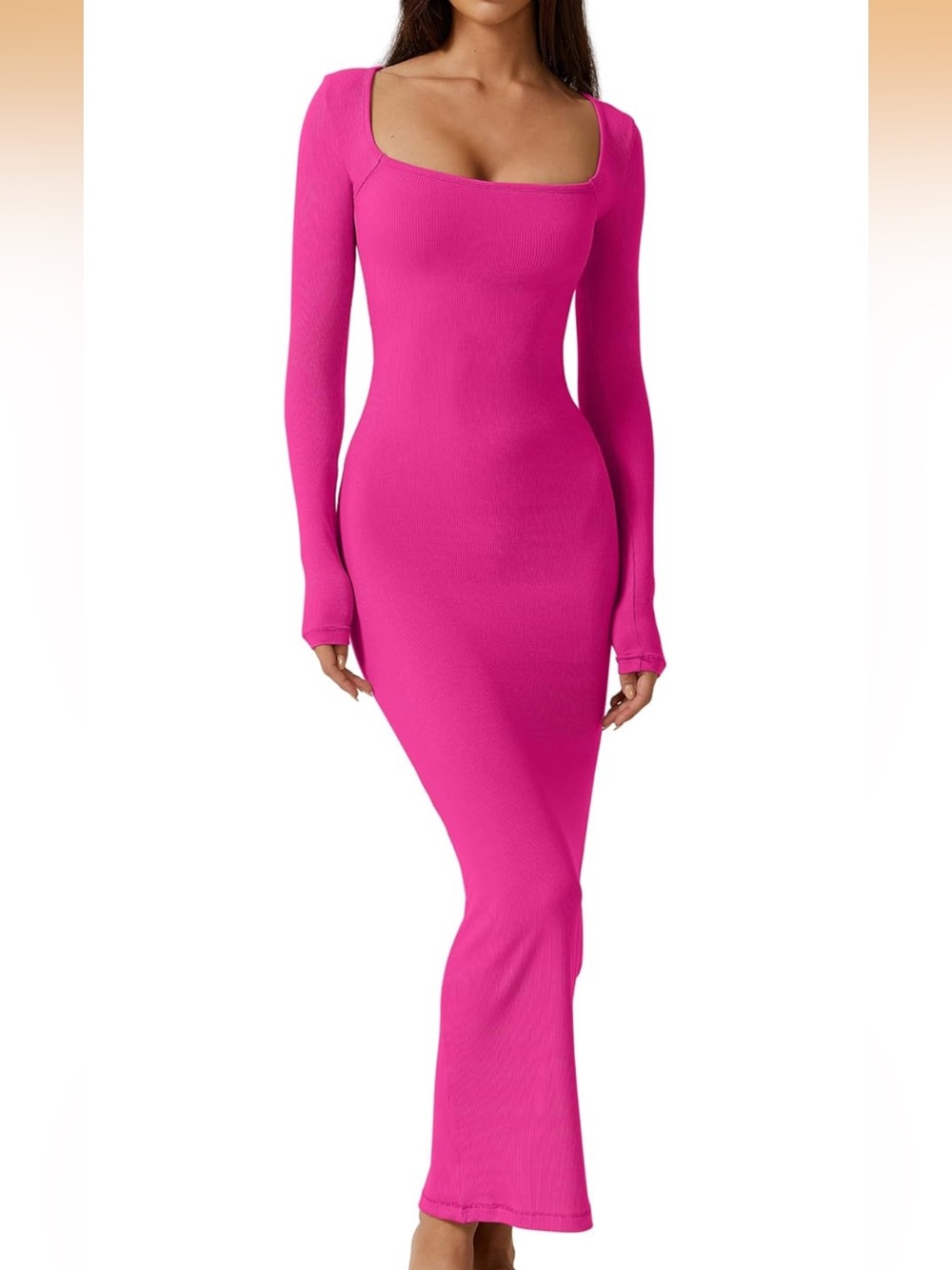 Long Sleeve Square Neck Maxi Dress in Hot Pink